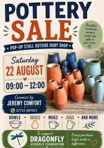 Pottery Sale Poster
August 22nd 9am-12pm
Outside Huby and Sutton Community Shop